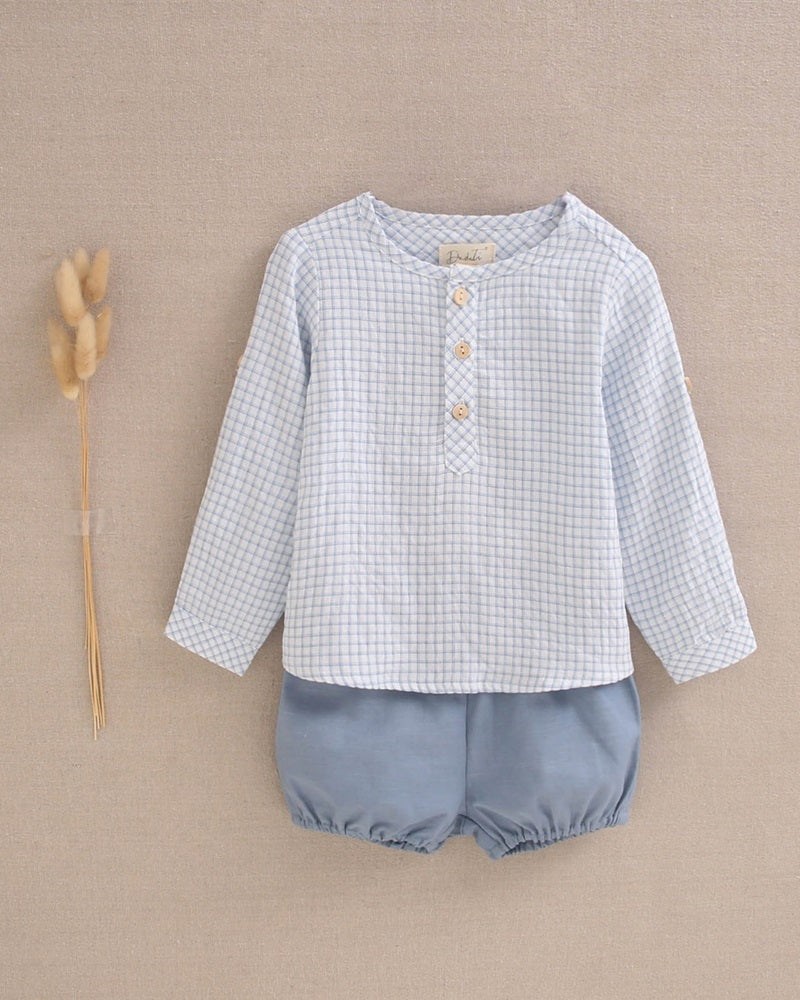 Conjunto bebé niño camisa cuadros vichy azul claro y short