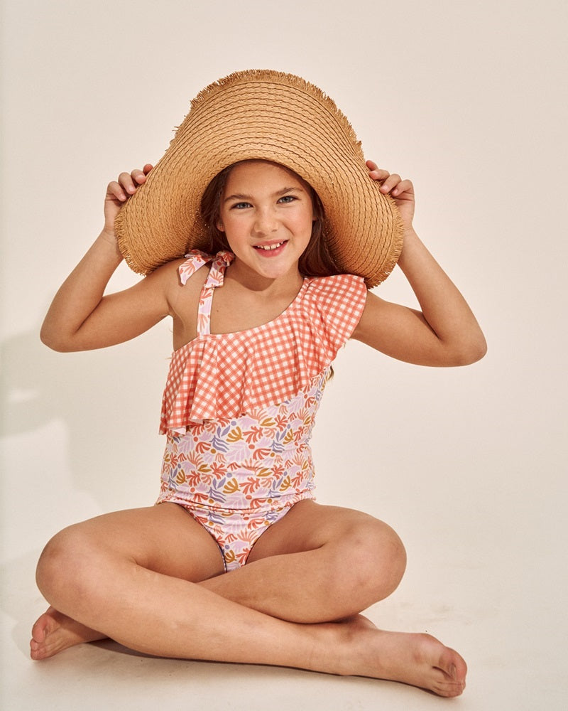 Bañador de niña con estampado floral y volante vichy naranja