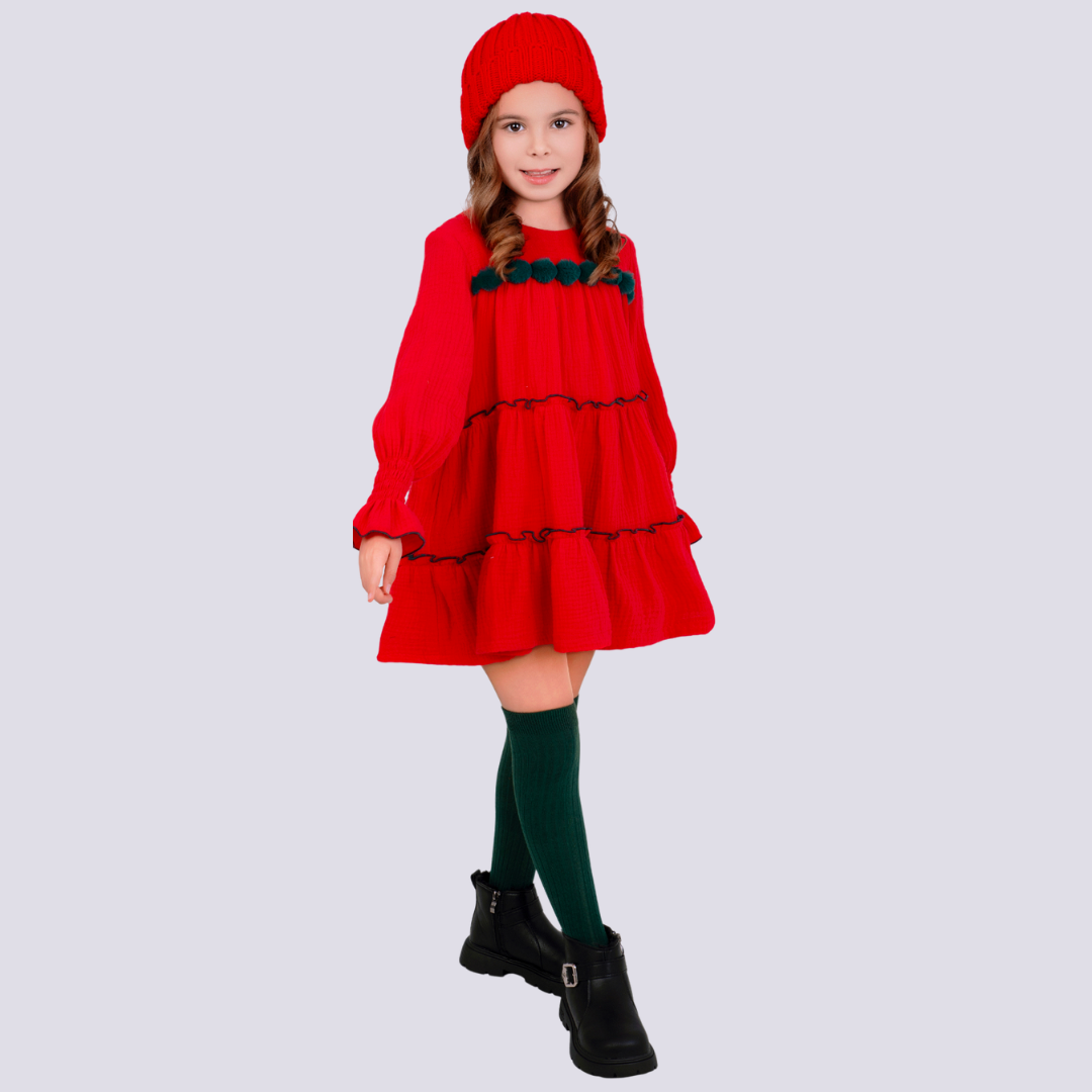 Vestido rojo pompones