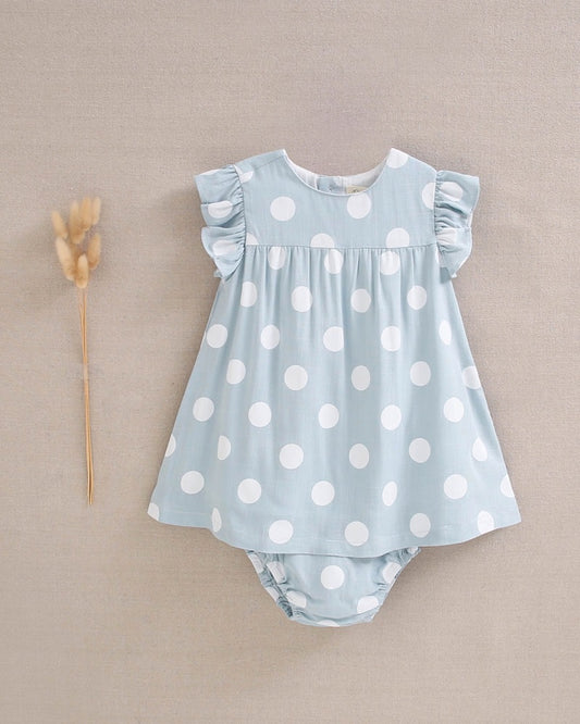 Vestido de bebé azul cielo con lunares blancos