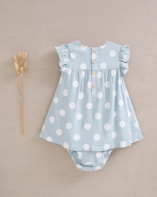Vestido de bebé azul cielo con lunares blancos