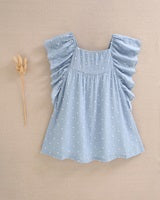 Vestido de plumeti azul con topos blancos
