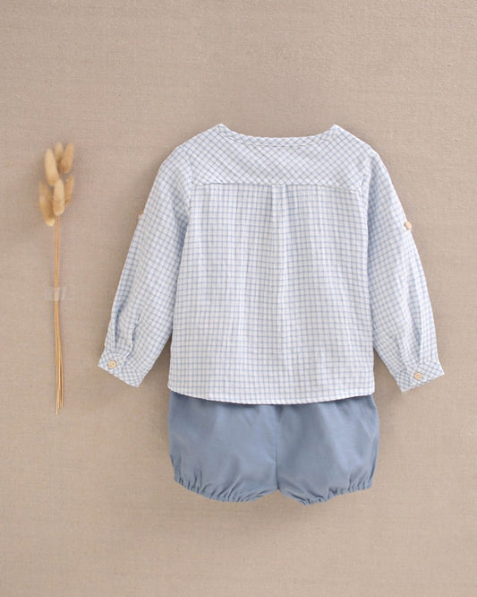 Conjunto bebé niño camisa cuadros vichy azul claro y short