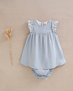 Vestido de bebé niña azul con volantes y braguita a juego