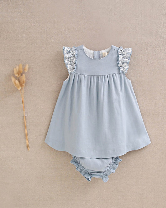 Vestido de bebé niña azul con volantes y braguita a juego