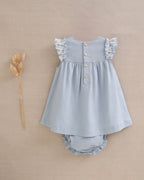 Vestido de bebé niña azul con volantes y braguita a juego