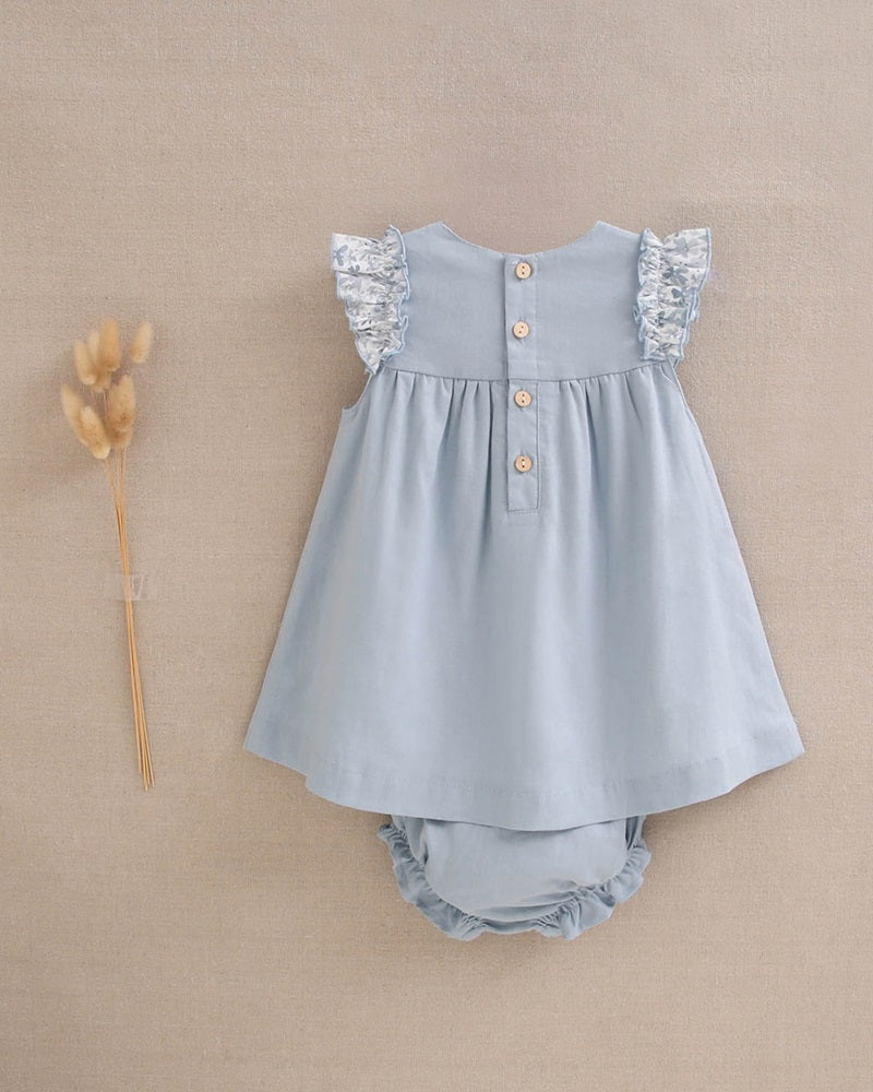Vestido de bebé niña azul con volantes y braguita a juego