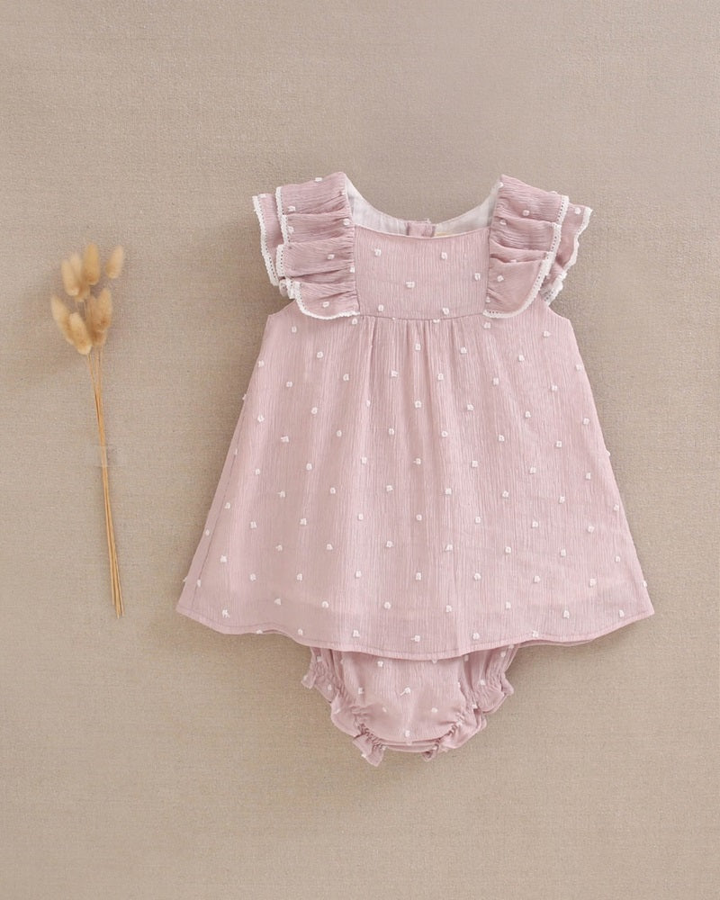 Vestido de bebé plumeti rosa con mini topitos
