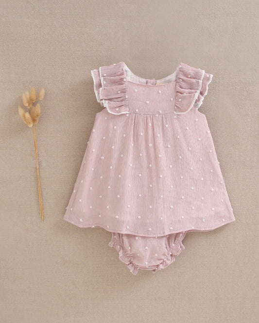 Vestido de bebé plumeti rosa con mini topitos