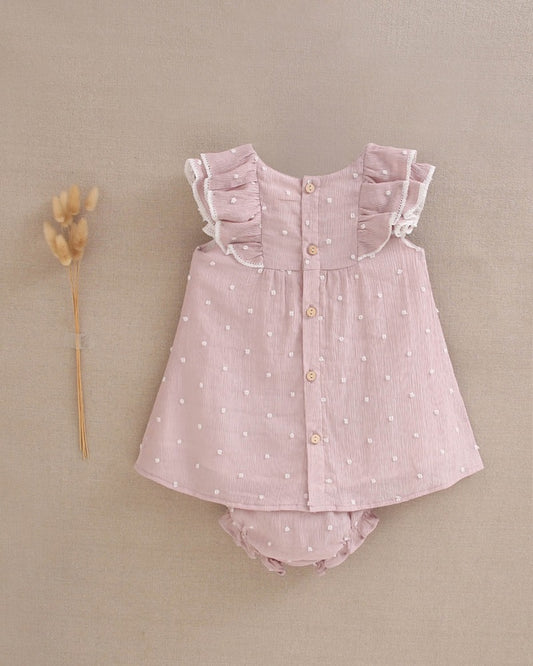 Vestido de bebé plumeti rosa con mini topitos