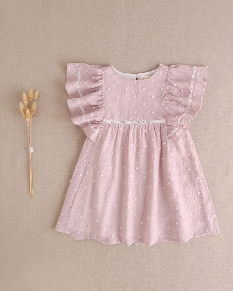 Vestido de niña de plumeti rosa con topitos blancos