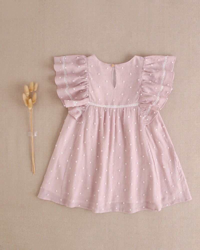 Vestido de niña de plumeti rosa con topitos blancos