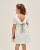 Vestido de niña de rayas verde pastel y blanco con lazo