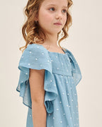 Vestido de plumeti azul con topos blancos