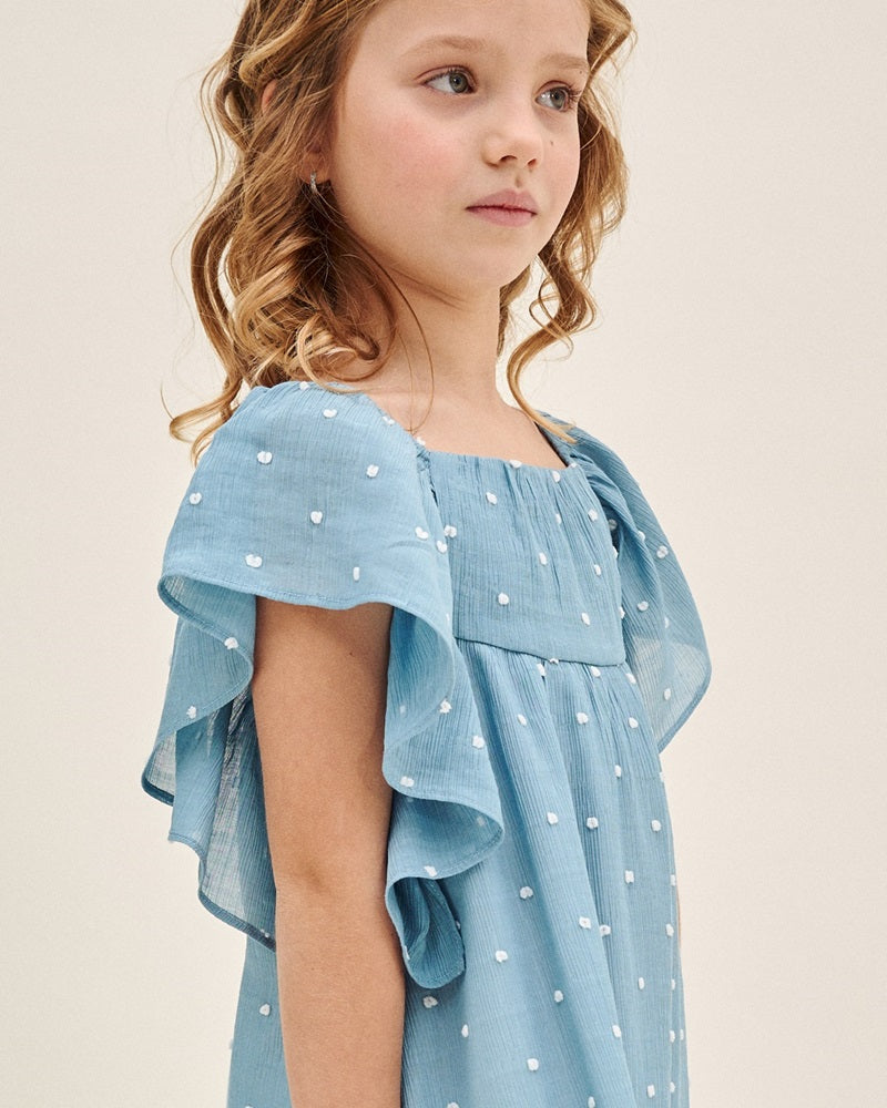 Vestido de plumeti azul con topos blancos